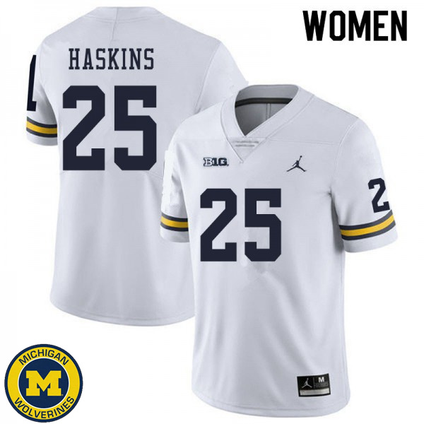 Women Michigan Wolverines #25 Hassan Haskins White NCAA Football Jersey